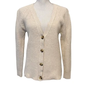 RACHEL Rachel Roy Cotton Knit V-Neck Fisherman Cardigan Sweater Beige Cream S - Picture 1 of 7