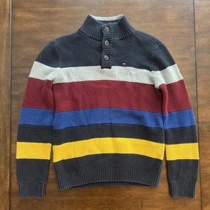 Tommy Hilfiger Boys Sweater Size Large 12/14 Rugby Striped Ribbed 1/4 Button Up - Picture 1 of 10