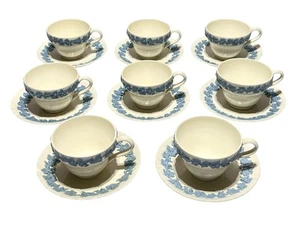 8 Wedgwood Embossed Queensware Shell Edge Lavender on Cream Cups & Saucers - Picture 1 of 5