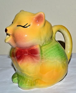 VINTAGE 1930'S Shawnee Pottery Pitcher Creamer Smiling Pig Red Bow, Green Shawl - Picture 1 of 7