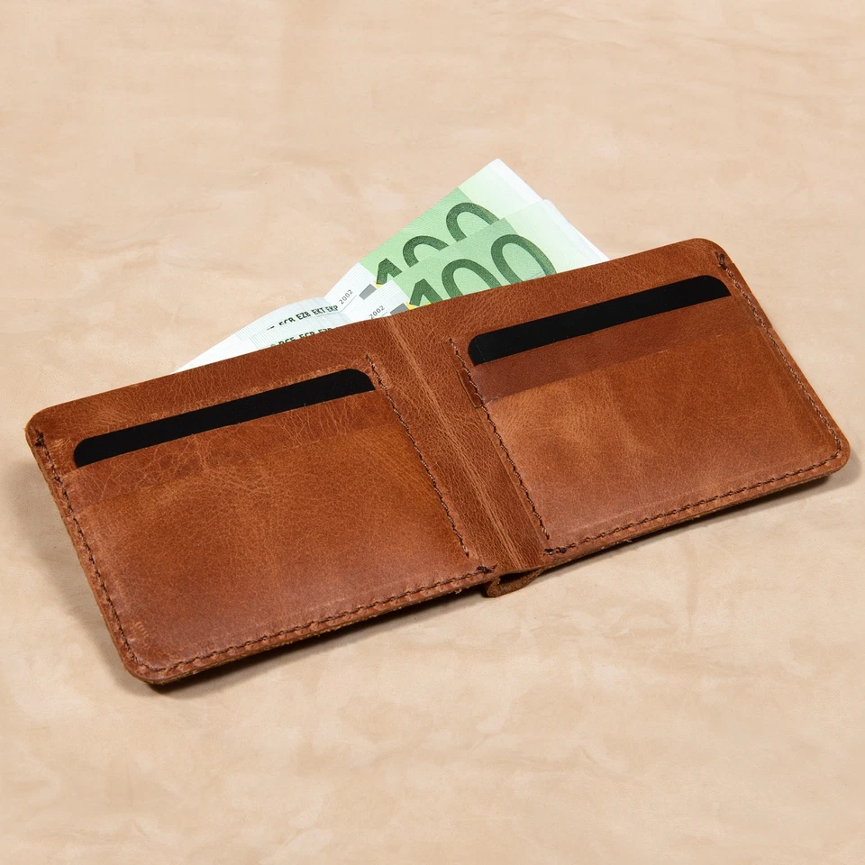 手工制作全粒面皮革双折 – 修身男式钱包带卡片和现金槽 — 第 1/4 张图片