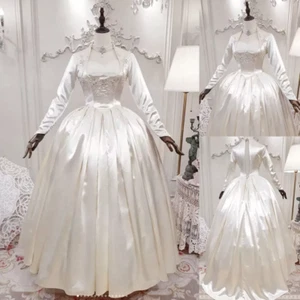 Vintage Long Sleeves Wedding Dresses Lace Appliques A Line Satin Bridal Gowns - Picture 1 of 7
