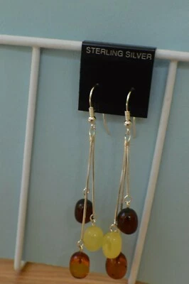 14.10ct Baltic Amber Earrings Fine Sterling Silver ~ Tri Color Whole Cabochons - Image 1 of 4