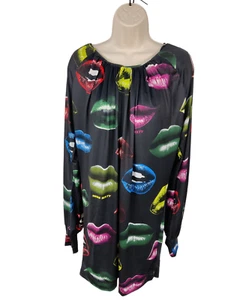 WOMENS MISS SIXTY SIZE LARGE L BLACK LIPS PRINT LONG SLEEVE MINI PARTY DRESS Y2K - Picture 1 of 4