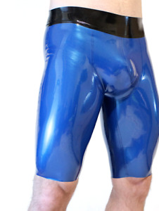 100%Pure Latex Rubber Blau&Schwarz Boxer Long Shorts Pants Briefs 0.4mm S-XXL