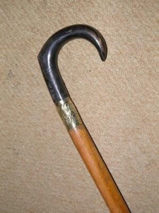 Vintage Walking Stick/Cane W/ Bovine Horn Crook & Repousse Gold Collar - 92.5cm - Picture 1 of 11