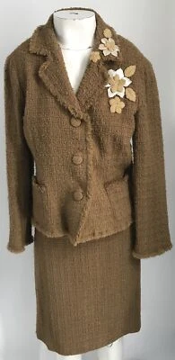 Moschino barato chic camel marrón mezcla de lana tweed cuentas flor falda traje talla 12 Foto 1 de 4