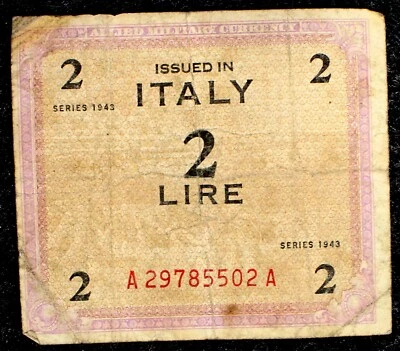 1943 Italy 2 Lire WWII Allied Military Currency – AM-Lira – Occupied Territories - Image 1 of 4