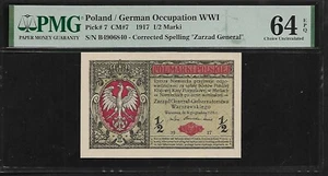 Polen 1/2 Marki 1917 PMG 64 EPQ UNC P#7 Deutsche Besetzung WWI Serie B - Bild 1 von 4