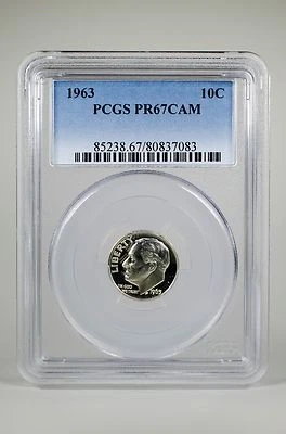 PR67CAM 1963 90% SILVER ROOSEVELT DIME PCGS GRADED 10C PROOF COIN US PR 67 CAMEO - Image 1 of 2