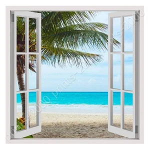 Palm On The Beach by Fake 3D Window | Ready to Hang Canvas | Wall art HD - Picture 1 of 6