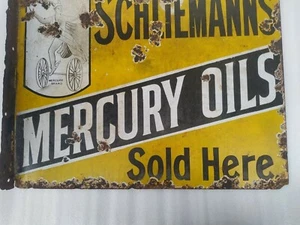 VINTAGE ORIGINAL PORCELAIN ENAMEL SIGN MARCURY BRAND SCHLIEMANN'S MERCURY OIL - Picture 1 of 12