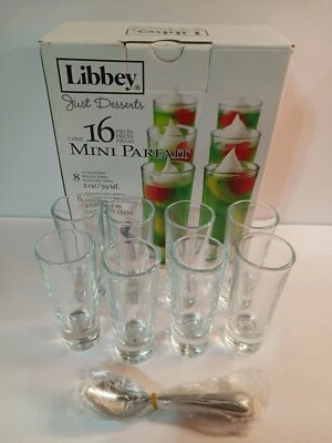 Libbey Just Desserts 16 Piece Set - 8 MiniParfait Glass Dishes & 8 SS Spoons NIB - Image 1 of 3