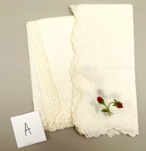 Vintage Rose Embroidered Handkerchief Scalloped Lace Pair A - Picture 1 of 6