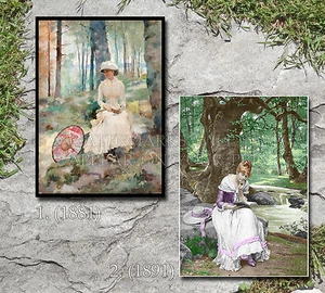 Lote de fotos de arte de niñas leyendo libros en bosques 1881 y 1891, dos 5x7 o CD de solicitud - Imagen 1 de 3