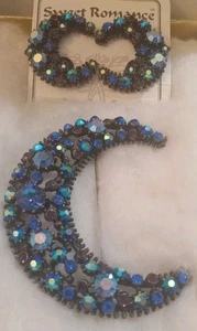 SWEET ROMANCE Antique Indigo Heliotrope Crescent Moon  PIN & EARRINGS NEW - Picture 1 of 3