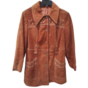 Vintage 70er Jahre Burnt Orange Wildleder Mantel Damen Größe 13 Druckknopfverschluss Schnürung Design - Bild 1 von 10
