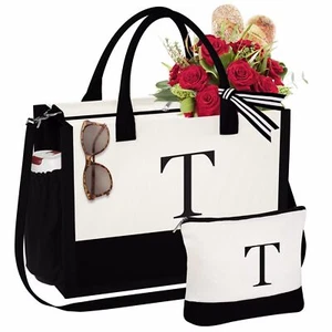 Initial Tote Bag for Women - Canvas Tote Bag with Makeup Bag for Friends Moth... - Picture 1 of 9
