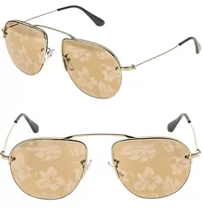 PRADA 58O TEDDY PR58OS Aviator Gold Brown Hibiscus Mirrored Print Sunglasses - Picture 1 of 11