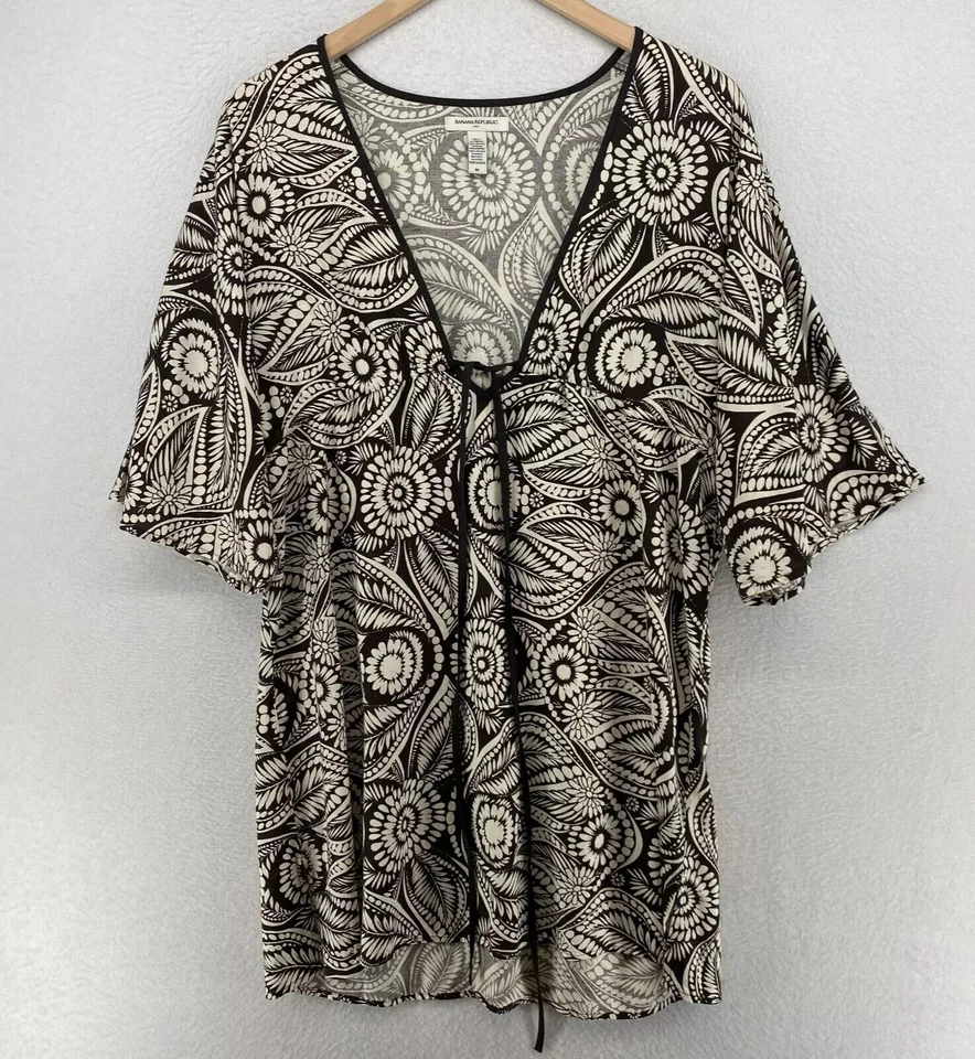 BANANA REPUBLIC Cover Up M Tunic Floral Cinched Deep V-Neck Elbow Sleeve Black - Image 1 of 1