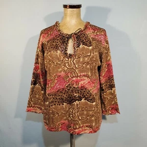 JOSEPH A Silk & Sequin Pullover Sweater w/ Ruffle Tie Neckline XL Brown & Pink - Picture 1 of 3