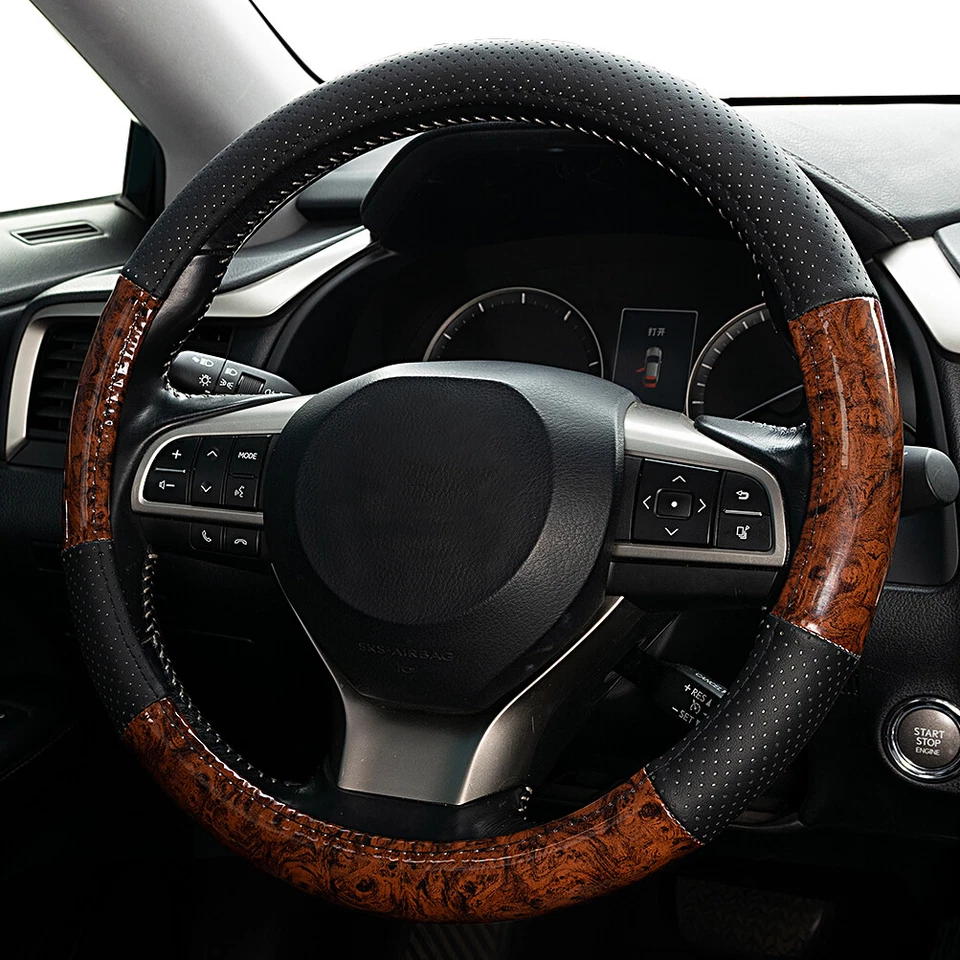 Wood Grain Steering Wheel Cover Leather Anti-Slip Breathable for Car SUV Jeep US - Image 1 of 4