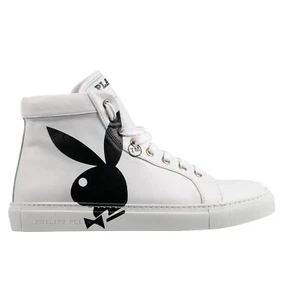 PHILIPP PLEIN x PLAYBOY High-Top Leather Bunny Logo Skull Sneaker White Black - Picture 1 of 7