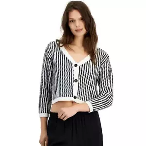Lucy Paris NWOT Black & White Taya Chevron Knit V-Neck Button Down Cardigan - XS - Picture 1 of 8