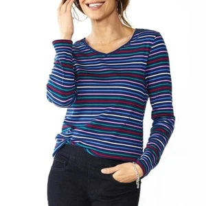 Croft & Barrow Women's Essential Long-Sleeve V-Neck Top Black Multistrip - Bild 1 von 2