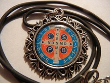 St. Benedict Exorcism Filigree Medal Blue/Red Enamel Cross on 22" Cord New!+
