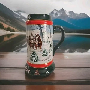 Vintage 1991 Budweiser Beer Holiday Christmas Stein Mug Clydesdales Ceramarte  - Picture 1 of 2