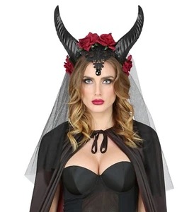 Haarreif Hörner mit schwarzem Schleier und roten Rosen Karneval Halloween - Bild 1 von 3