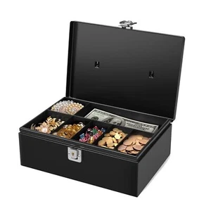 Cash Box with Money Tray and Lock - Black Cash Storage with Latch Lock & Key - Picture 1 of 7