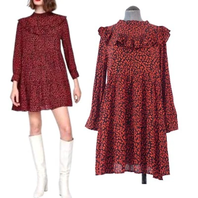 Zara Dress Leopard Red Black Smock Ruffle Frill Flowy Mini Babydoll Size S - Image 1 of 4