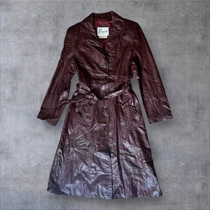 Vintage Burgunder Leder Trenchcoat Echtleder UK 10 Gürtel Longline 90er - Bild 1 von 17