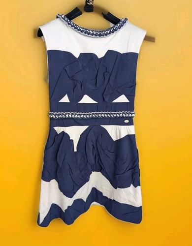 Chanel blu navy bianco seta cotone smanicato mini abito top blusa gilet treccia S