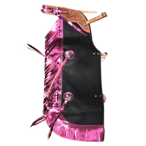 HS Hilason Pro Rodeo Bull Riding Chaps Western Leder Kind schwarz pink Fransen - Bild 1 von 6
