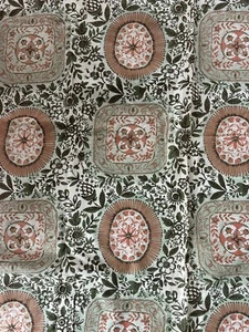Vtg Textured Barkcloth Curtain Panel Fabric Cream Green Orange Floral - Picture 1 of 9