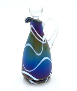 Vintage Kralik Blue Iridescent Art Glass Cruet w/White Swirls & Glass Topper - Picture 1 of 8