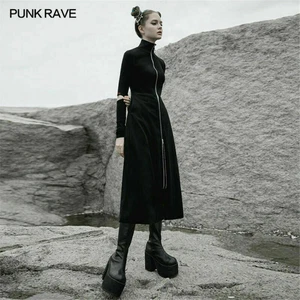 Women Punk Knitted High-neck Long Coat  Slim Double Open-tailed Zipper Outerwear - Bild 1 von 12