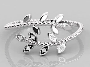 Genuine Leaf Diamond Engagement Ring In Solid 14K White Gold - Picture 1 of 6