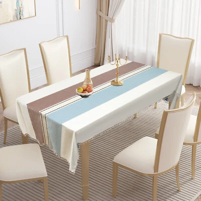 118*55" Coffee+Blue Rectangular Tablecloth Stripes Table Cover W/tassel Napkins - Image 1 of 4