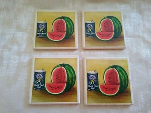 Set of Four Ceramic Coasters Morton Salt and Watermelon  3.5" x 3.5" - Picture 1 of 7