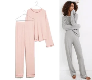 MADEWELL WOMEN'S PINK LONG SLEEVE PIPPED WAFFLE KNIT PAJAMA SET Sz L - Picture 1 of 2