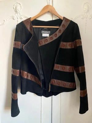 Chaqueta Salvatore Ferragamo Mujer’s Abrigo Completo Gamuza y Cuero Italiano Negro Tostado Foto 1 de 4