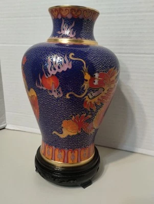 Jarrón de 8,5" Qing Qianlong púrpura bronce esmalte cloisonne dragón fénix Foto 1 de 4