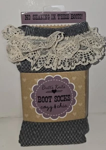 Britt's Knits Women’s Boot Socks Gray Check Cream Lace Long Sleek One Size New - Picture 1 of 2