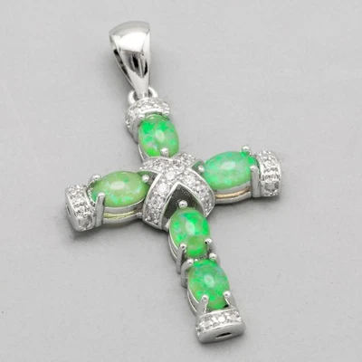 Latin Cross Kiwi Green Fire Opal Cabochon CZ Silver Jewelry Necklace Pendant - Image 1 of 4