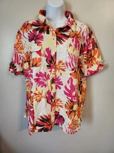 White Stag Linen Blend Blouse Womens Size XL Pink Orange Floral Short Sleeve - Picture 1 of 8