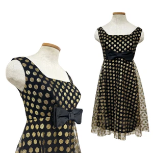 Vintage 1960s Gold Lurex Polka Dot Tulle Empire Waist Black Party Dress with Bow - Picture 1 of 6